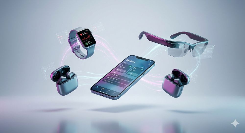 Unified Digital Ecosystem Smart Devices with Magenta & Cyan Light Trails