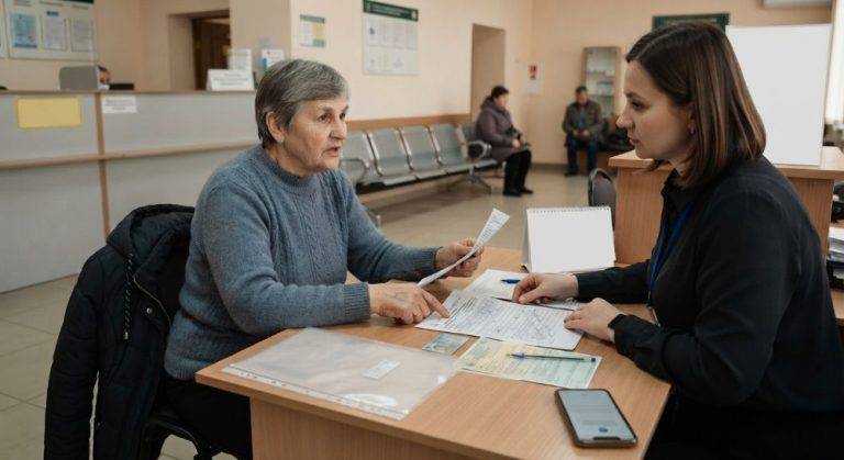 Elderly woman reviews documents with a clerk in an office.