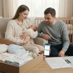Parents with newborn review baby box and digital application documents.