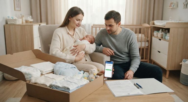 Parents with newborn review baby box and digital application documents.